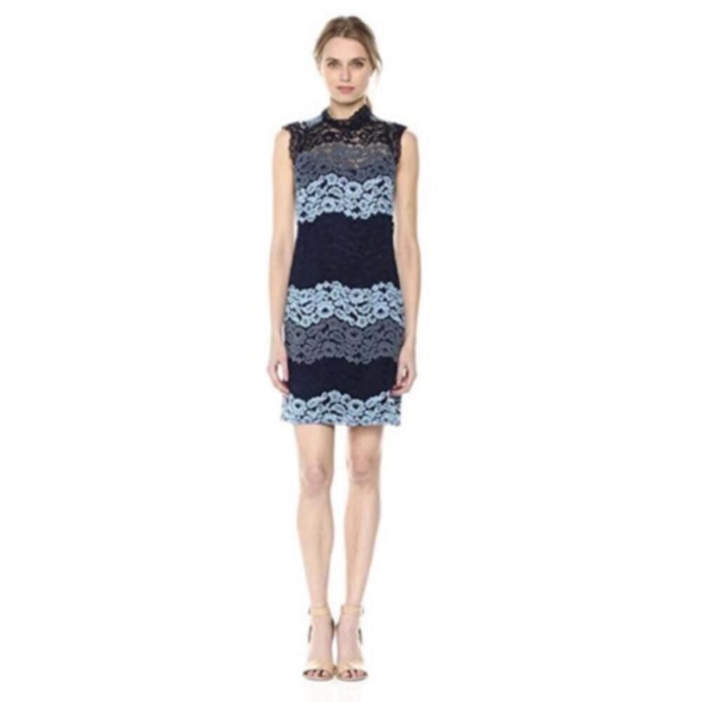 Laundry by Shelli Segal Blue Lace Mock Neck Short-sleeve Dress 8